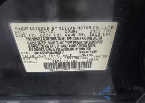 2010 Nissan Sentra 2.0Sr z USA, uszkodzony, nr VIN 3N1AB6AP4AL663611